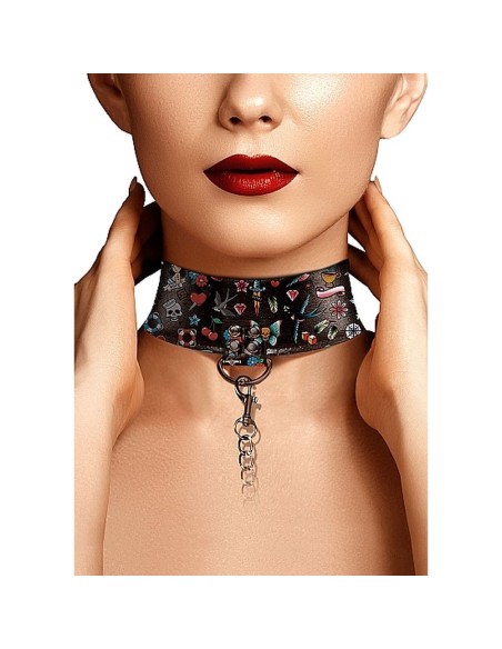 Printed Collar With Leash - Old School