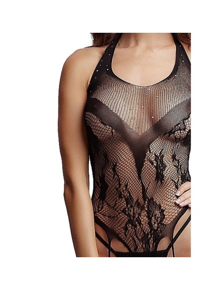 Crotchless Rhinestone Halter Teddy - O/S