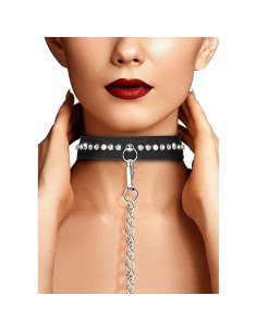Diamond Studded Collar With Leash - Blak
