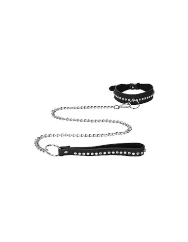 Diamond Studded Collar With Leash - Blak