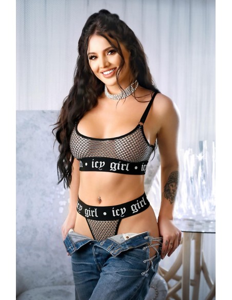 ICY GIRL METALLIC FISHNET BRALETTE & G-STRING PANTY BLACK