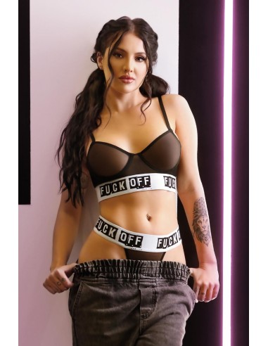 FUCK OFF LONG LINE MESH BRA & G-STRING PANTY BLACK