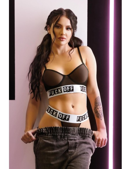 FUCK OFF LONG LINE MESH BRA & G-STRING PANTY BLACK