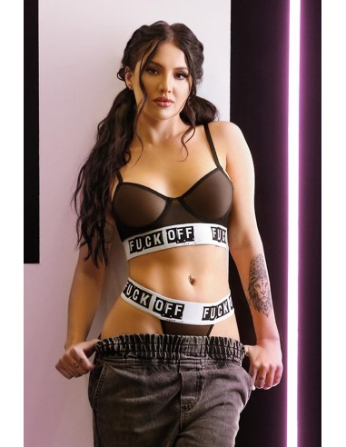 FUCK OFF LONG LINE MESH BRA & G-STRING PANTY BLACK