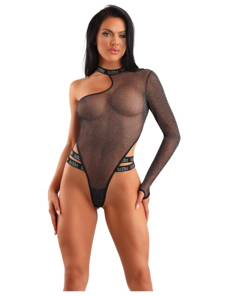 BADDIE GLITTER MESH BODYSUIT WITH SNAP CLOSURE BLACK