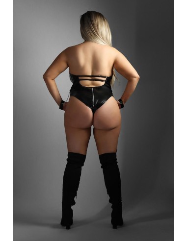 WETLOOK HALTER TEDDY WITH FULL ZIPPER CLOSURE BLACK