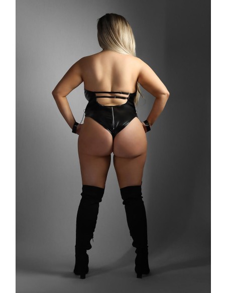 WETLOOK HALTER TEDDY WITH FULL ZIPPER CLOSURE BLACK