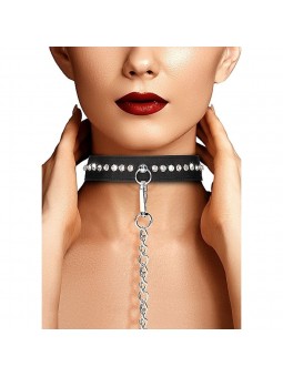 Diamond Studded Collar With Leash - Blak