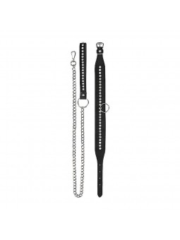 Diamond Studded Collar With Leash - Blak