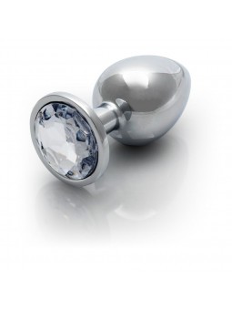 Round Gem Butt Plug - Large - Silver/Dia