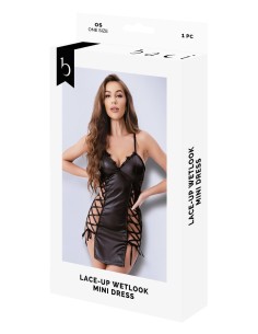 LACE-UP WETLOOK MINI DRESS BLACK