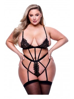 SEXY STRAPPY LACE TEDDY WITH GARTERS BLACK