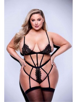 SEXY STRAPPY LACE TEDDY WITH GARTERS BLACK