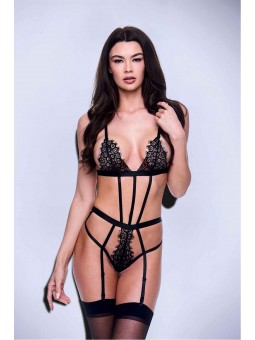 SEXY STRAPPY LACE TEDDY WITH GARTERS BLACK